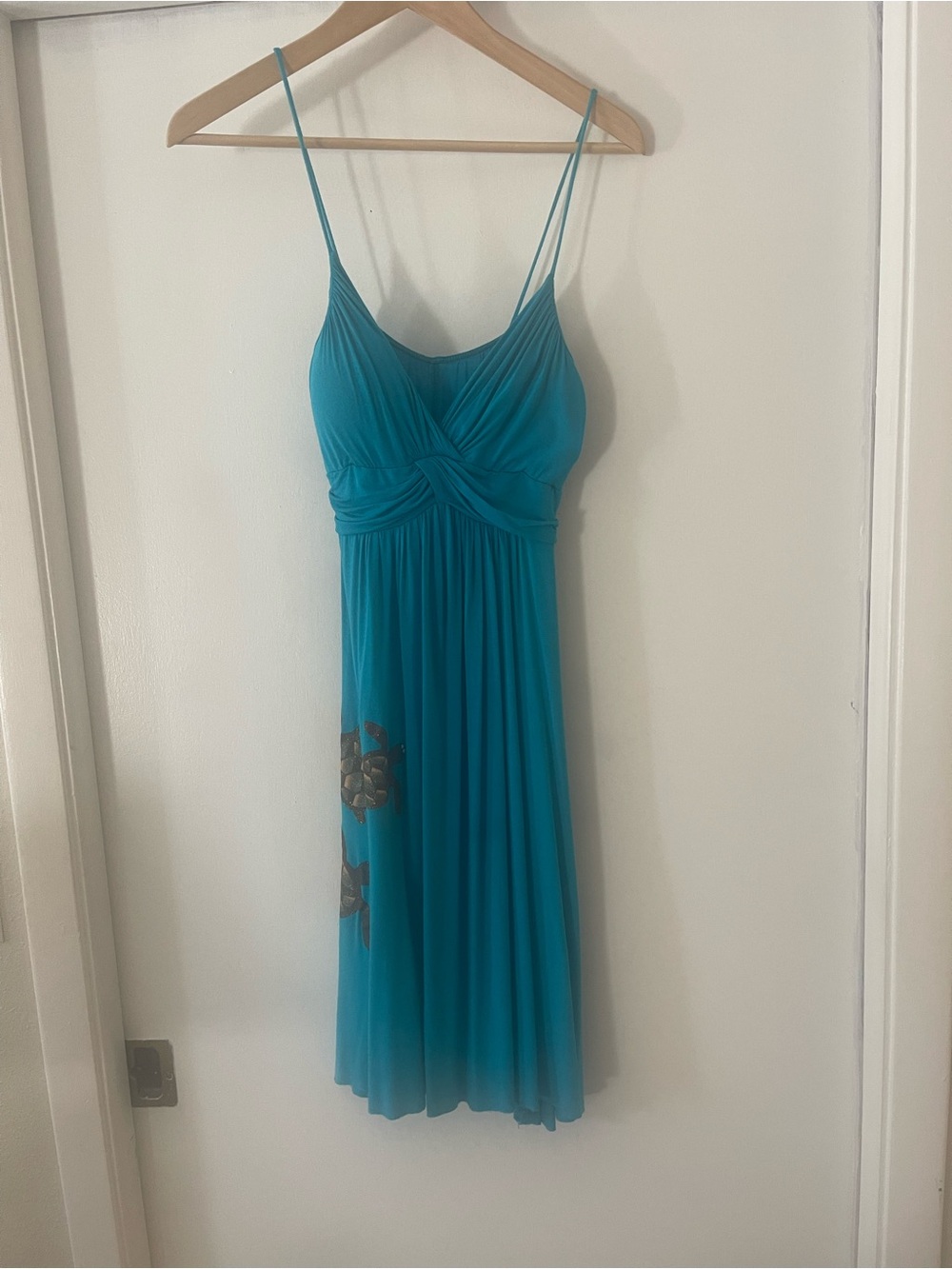 Blue Spaghetti-Strap Empire Waist Dress with turtles.